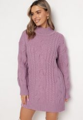 Fioletowy Luźny Sweter w Warkoczykowy Splot Sentlia. Fioletowe swetry nierozpinane damskie Born2be, bez wzorów, ze splotem, bez kołnierzyka, bez ramiączek. Za 149.99 zł.