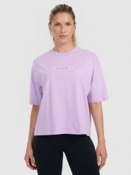 4F T-shirt oversize z nadrukiem damski - fioletowy M. Fioletowe t-shirty damskie 4F, m, bez wzorów, bez kołnierzyka, bez ramiączek. Za 59.99 zł.