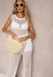 Biały Top z Ażurowej Dzianiny Naloeli. Białe topy damskie Renee, w ażurowe wzory, z dzianiny, boho, bez kołnierzyka, bez ramiączek. Za 59.99 zł.