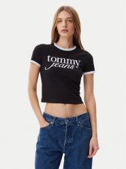 Tommy Jeans T-Shirt Script Ringer DW0DW20631 Czarny Slim Fit. Czarne t-shirty damskie Tommy Jeans, s, bez wzorów, z bawełny, bez kołnierzyka, bez ramiączek. Za 129.99 zł.