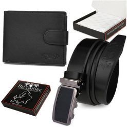 Zestaw Męski Skórzany Premium Beltimore Portfel Pasek T94 : Kolory - Czarny, Rozmiar Pasków - R.85-100 Cm. Czarne paski męskie eleganckie. Za 124.99 zł.