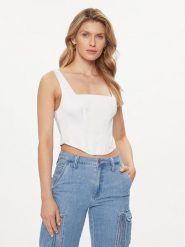 Guess Top Sia W4GH47 WDEE2 Biały Regular Fit. Białe topy damskie Guess, l, z aplikacjami, z syntetyku, bez kołnierzyka, bez ramiączek. Za 229.99 zł.
