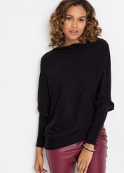 Sweter kimonowy. Czarne swetry nierozpinane damskie bonprix, bez wzorów, eleganckie, bez kołnierzyka, bez ramiączek. Za 54.99 zł.
