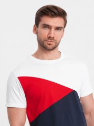 Trójkolorowy t-shirt męski bawełniany - biało-granatowy V3 OM-TSCT-0174 - XXL. Białe t-shirty męskie Ombre Clothing, l, bez wzorów, z bawełny, bez kołnierzyka, bez ramiączek. W wyprzedaży za 29.99 zł.