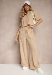 Beżowy Komplet Spodnie o Szerokim Kroju i Koszula na Krótki Rękaw Tultebis. Brązowe koszule damskie Renee, l, bez wzorów, eleganckie, bez kołnierzyka, bez ramiączek. Za 59.99 zł.