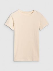 4F T-shirt slim gładki damski - beżowy L. Brązowe t-shirty damskie 4F, l, bez wzorów, z bawełny, klasyczne, bez kołnierzyka, bez ramiączek. Za 39.99 zł.