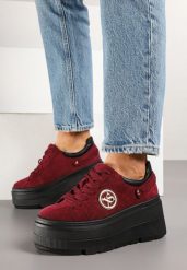 Bordowe Sneakersy Vices na Grubej Podeszwie z Metaliczną Ozdobą Tatorelis. Czerwone obuwie sportowe damskie Born2be, z aplikacjami, z jeansu, bez zapięcia. Za 119.99 zł.