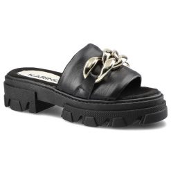 Czarne Klapki Karino Damskie Stylowe Buty. Czarne klapki damskie Karino, na lato, bez wzorów, ze skóry, eleganckie, bez obcasa, bez zapięcia. Za 225.00 zł.