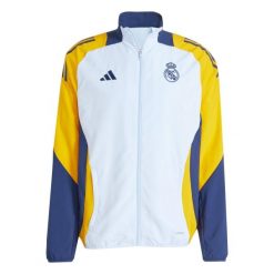 Bluza dresowa Prematch Real Madrid 2024/25. Niebieskie bluzy męskie Adidas, bez wzorów, z dresówki, sportowe, bez ramiączek, bez kaptura. W wyprzedaży za 334.40 zł.
