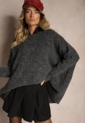 Ciemnoszary Casualowy Sweter Oversize Allethia. Szare swetry nierozpinane damskie Renee, bez wzorów, biznesowe, bez kołnierzyka, bez ramiączek. Za 139.99 zł.