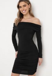 Czarna Dopasowana Sukienka Hiszpanka z Marszczeniami Ailisma. Czarne sukienki damskie Born2be, m, bez wzorów, eleganckie, bez kołnierzyka, bez ramiączek, mini, dopasowane. Za 84.99 zł.