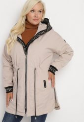 Beżowa Kurtka Parka z Kapturem Ściągana w Talii Troczkami Velamira. Brązowe kurtki damskie Born2be, xl, bez wzorów, z materiału, z kapturem. Za 89.99 zł.