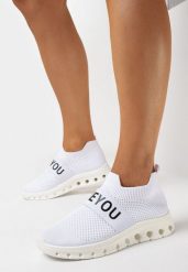 Białe Buty Sportowe ze Skarpetkową Cholewką i Napisem Thirllas. Białe obuwie sportowe damskie Born2be, bez wzorów, bez zapięcia. Za 54.99 zł.