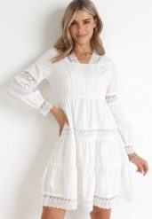 Biała Sukienka Mini z Koronkowymi Wstawkami i Rozkloszowanym Dołem Femona. Białe sukienki damskie Born2be, na co dzień, m, bez wzorów, z koronki, bez kołnierzyka, bez ramiączek, mini, proste. Za 219.99 zł.