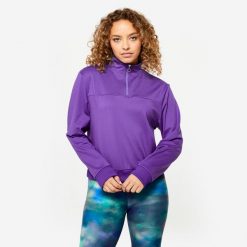 Bluza damska Domyos fitness. Fioletowe bluzy damskie DOMYOS, l, bez wzorów, z elastanu, sportowe, bez ramiączek, bez kaptura. W wyprzedaży za 44.99 zł.