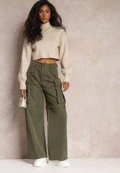 Zielone Szerokie Spodnie High Waist w Stylu Cargo Vomisal. Zielone spodnie materiałowe damskie Renee, bez wzorów, z jeansu, eleganckie, z podwyższonym stanem. Za 99.99 zł.