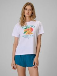 4F T-shirt loose z nadrukiem damski - biały S. Białe t-shirty damskie 4F, s, bez wzorów, z bawełny, bez kołnierzyka, bez ramiączek. Za 69.99 zł.