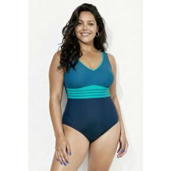 Damski Strój kąpielowy złota lamówka miękkie miseczki dekolt w serek. Niebieskie stroje kąpielowe damskie Ulla Popken, plus size, bez wzorów, z elastanu. Za 239.99 zł.