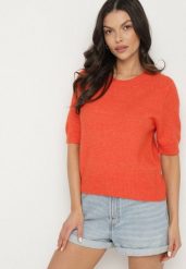 Pomarańczowy Sweter z Wełną i Krótkim Rękawem Turosa. Brązowe swetry nierozpinane damskie Born2be, bez wzorów, z jeansu, eleganckie, bez kołnierzyka, bez ramiączek. Za 109.99 zł.