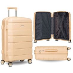 Beżowa, mała walizka kabinowa z polipropylenu z wysuwaną, teleskopową rączką Peterson Beżowa listonoszka damska ze skóry ekologicznej zamykana suwakie. Brązowe walizki damskie Peterson, bez wzorów, ze skóry ekologicznej, małe. Za 117.99 zł.