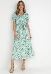 Zielona Sukienka z Bawełny Delereia. Zielone sukienki damskie Born2be, na lato, l, z aplikacjami, z bawełny, bez kołnierzyka, bez ramiączek, midi. Za 119.99 zł.