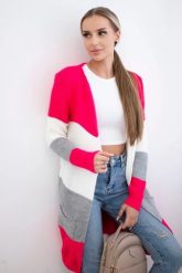 Sweter Kardigan w pasy malinowy+ecru. Różowe kardigany damskie KESI, l, bez wzorów, z wełny, bez kołnierzyka, plus size. Za 178.78 zł.