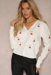 Biały Kardigan Ozdobiony Haftem w Kształcie Wisienek Nirinia. Białe kardigany damskie Renee, s, bez wzorów, z jeansu, eleganckie, bez kołnierzyka. Za 119.99 zł.