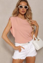 Różowy Top z Wiskozy z Falbanką przy Rękawach Tialora. Czerwone topy damskie Renee, m, bez wzorów, z wiskozy, bez kołnierzyka, bez ramiączek. Za 39.99 zł.