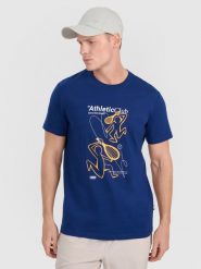 4F T-shirt regular z nadrukiem męski - granatowy S. Niebieskie koszulki sportowe męskie 4F, m, bez wzorów, z bawełny, bez ramiączek. Za 69.99 zł.