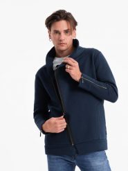 Rozpinana bluza męska ze stójką LONDON - granatowa B1362 - XXL. Niebieskie bluzy męskie Ombre Clothing, m, bez wzorów, z bawełny, bez ramiączek, bez kaptura. Za 173.99 zł.