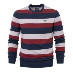 Bawełniany Sweter, Okrągły Dekolt (U-Neck) - Kolorowe Pasy, Męski. Swetry męskie Pako Jeans, l, bez wzorów, z bawełny, eleganckie, bez kołnierzyka, bez ramiączek. Za 179.00 zł.