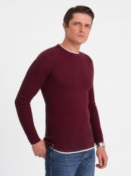 Bawełniany sweter męski z okrągłym dekoltem - bordowy V8 - Rozmiar: XXL. Czerwone swetry męskie Ombre Clothing, m, bez wzorów, z bawełny, klasyczne, bez kołnierzyka, bez ramiączek. W wyprzedaży za 69.99 zł.