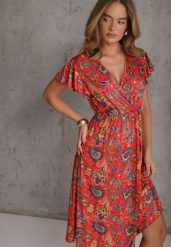 Czerwona Kopertowa Sukienka z Domieszką Wiskozy Zdobiona Wzorem Paisley Nesaleia. Czerwone sukienki damskie Renee, na co dzień, l, z aplikacjami, z materiału, casualowe, bez kołnierzyka, bez ramiączek, midi, kopertowe. Za 69.99 zł.