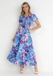 Niebieska Sukienka Kaleina. Niebieskie sukienki damskie Born2be, l, bez wzorów, wakacyjne, bez kołnierzyka, bez ramiączek, maxi, rozkloszowane. Za 29.99 zł.