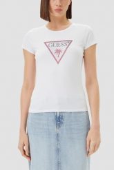 GUESS Biały damski t-shirt z logo z cyrkoniami Triangle Rhinestones, Rozmiar XL. Białe t-shirty damskie Guess, xl, z aplikacjami, eleganckie, bez kołnierzyka, bez ramiączek. Za 239.99 zł.