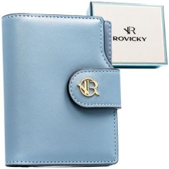 Portfel damski ze skóry ekologicznej w błękitnym kolorze, wyposażony w system RFID - Rovicky. Niebieskie portfele damskie ROVICKY, ze skóry ekologicznej. Za 89.99 zł.
