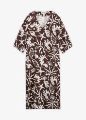 Sukienka midi z mieszanki wiskozy. Brązowe sukienki damskie bonprix, bez wzorów, z wiskozy, bez kołnierzyka, bez ramiączek, midi. Za 74.99 zł.