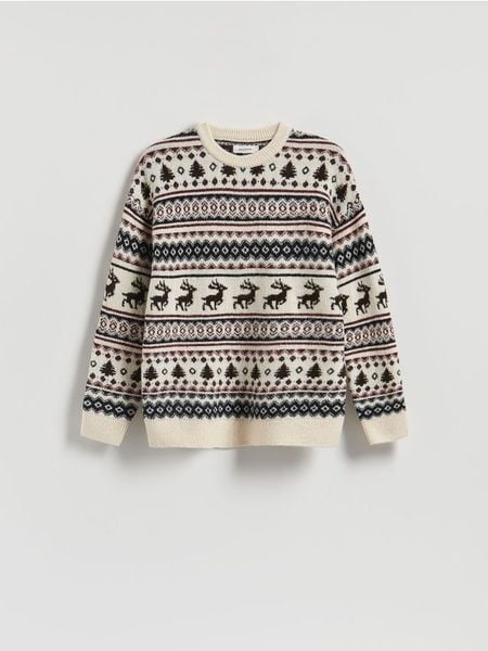 Sweter ze świątecznym motywem - wielobarwny. Swetry męskie Reserved, l, bez wzorów, z dzianiny, wizytowe, bez kołnierzyka, bez ramiączek. Za 119.99 zł.