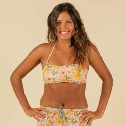 Góra kostiumu kąpielowego surfingowego damska Olaian Laura Vintage. Zielone bikini OLAIAN, bez wzorów, z elastanu. W wyprzedaży za 29.99 zł.