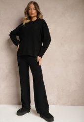 Czarny Komplet Dzianinowy z Bawełną Spodnie o Szerokim Kroju Sweter z Kapturem Siaira. Czarne swetry nierozpinane damskie Renee, bez wzorów, z bawełny, eleganckie, bez kołnierzyka, bez ramiączek. Za 149.99 zł.