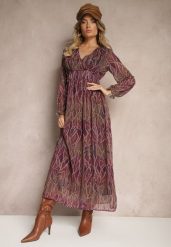 Fioletowa Siateczkowa Sukienka o Rozkloszowanym Kroju z Dekoltem w Serek Zalabri. Fioletowe sukienki damskie Renee, na spotkanie biznesowe, m, z aplikacjami, z tkaniny, eleganckie, bez kołnierzyka, bez ramiączek, maxi, kopertowe. Za 159.99 zł.