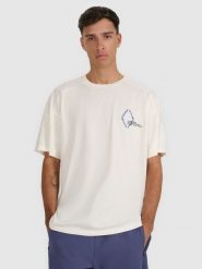4F T-shirt oversize z nadrukiem męski - beżowy L. Brązowe t-shirty męskie 4F, l, bez wzorów, z bawełny, bez kołnierzyka, bez ramiączek. Za 79.99 zł.