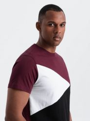 Męski t-shirt trójkolorowy bawełniany - bordowo-czarny V5 OM-TSCT-0174 - XXL. Czerwone t-shirty męskie Ombre Clothing, m, bez wzorów, z bawełny, bez kołnierzyka, bez ramiączek. W wyprzedaży za 29.99 zł.