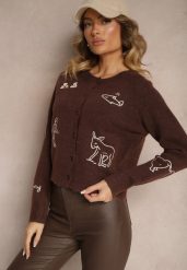 Ciemnobrązowy Kardigan z Wełną na Guziki z Haftowanym Wzorem Nelyra. Brązowe kardigany damskie Renee, uniwersalny, bez wzorów, z jeansu, eleganckie, bez kołnierzyka. Za 159.99 zł.