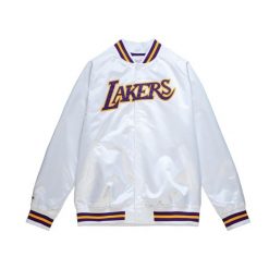 Lekka satynowa kurtka Los Angeles Lakers. Białe kurtki męskie Mitchell & Ness, m, bez wzorów, z satyny, bez kaptura. Za 558.50 zł.