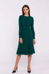 Elegancka sukienka rozkloszowana z paskiem butelkowa zieleń. Zielone sukienki damskie Stylove, do pracy, s, bez wzorów, z elastanu, biznesowe, bez kołnierzyka, bez ramiączek, rozkloszowane. Za 389.00 zł.