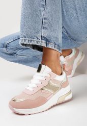 Różowe Sneakersy ze Złotymi Wstawkami i Brokatem oraz Cyrkoniami Avanalis. Czerwone obuwie sportowe damskie Born2be, bez wzorów, bez zapięcia. Za 99.99 zł.