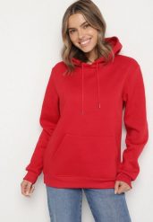 Czerwona Bluza z Kapturem i Kangurkową Kieszenią Envila. Czerwone bluzy męskie Born2be, l, bez wzorów, z jeansu, eleganckie, bez ramiączek, z kapturem. Za 59.99 zł.