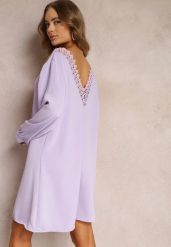 Fioletowa Sukienka Mini z Koronkową Wstawką i Długimi Rękawami Jood. Fioletowe sukienki damskie Renee, na jesień, plus size, bez wzorów, z koronki, bez kołnierzyka, plus size, bez ramiączek, mini, trapezowe. Za 79.99 zł.
