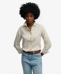 Superdry Premium Lniana Koszula Boyfriend – Light Stone Beige. Brązowe koszule damskie Superdry, na lato, bez wzorów, ze lnu, klasyczne, bez kołnierzyka, bez ramiączek. Za 382.60 zł.